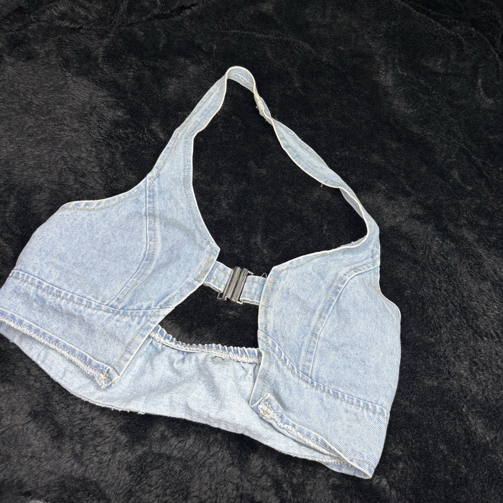 SHEIN Denim Halter Tank Top in Light Blue